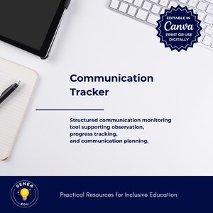 May include: A white background with a black tablet, keyboard, notebook, and pen. The text "Communication Tracker" is displayed in a large font. The image also includes the text "Structured communication monitoring tool supporting observation, progress tracking, and communication planning."