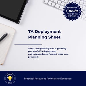 May include: A white document titled "TA Deployment Planning Sheet" with text describing its purpose. A keyboard, tablet, and notebook with a pen are visible. The document is editable in Canva.