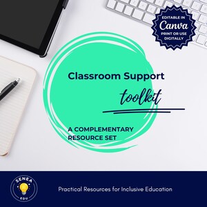 May include: A teal and white graphic promoting a classroom support toolkit. The text includes "Classroom Support toolkit" and "A complementary resource set." The image also features a keyboard, tablet, and notebook.