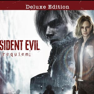May include: Deluxe Edition cover art for "Resident Evil: Requiem." A woman in a brown leather jacket holds a flashlight, with a man's face in the background. The title is in red and white.