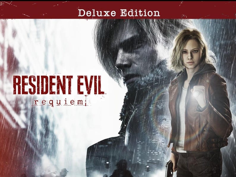 May include: Deluxe Edition cover art for "Resident Evil: Requiem." A woman in a brown leather jacket holds a flashlight, with a man's face in the background. The title is in red and white.