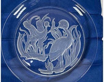 Vintage Glass Plate Lalique for Neiman Marcus Crane Frosted 1985 12.5" READ