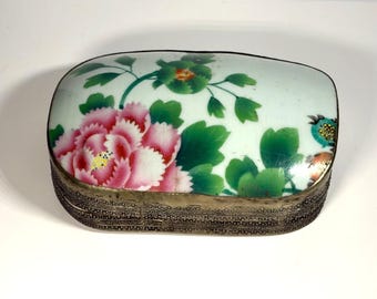 VTG Chinese Porcelain Shard Box Floral Design Pottery Silver Plated 8"x 5 1/2"