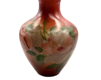 Vintage Milk Glass Vase Fostoria Red Hand Painted Floral Rose C 1890-1920  7"