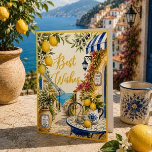 Puede incluir: Una tarjeta de felicitación con la inscripción dorada "Best Wishes", que representa una escena costera italiana con limones, un toldo a rayas azules y blancas y una pequeña mesa con una tetera y una taza. Un limonero y una taza de cerámica también están en la imagen.