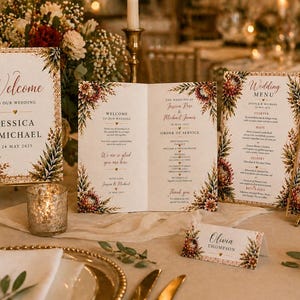 May include: Wedding reception table setting with floral decorations and printed signage. Includes a welcome sign, menu, table number, and place card. The signs feature the names Jessica & Michael and the date May 24, 2025.