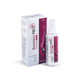 May include: A white bottle of Bontress PRO+ Scalp Serum with a spray nozzle, next to a white box. The box and bottle have the same design, with the text "Bontress PRO+" and a graphic of a strand of hair. The bottle contains 60 ml.