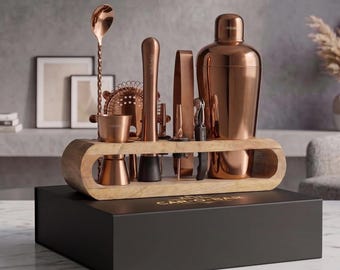 Copper 10 Piece Kit :Cocktail Shaker, Bar Spoon, Jigger, Muddler, Strainer, Wine & Beer Bottle Opener, 2 Pour Spouts, Tong, Wooden Stand
