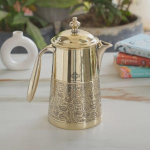 Brass Jug With Half Embossed Design with lid & Brass Knob