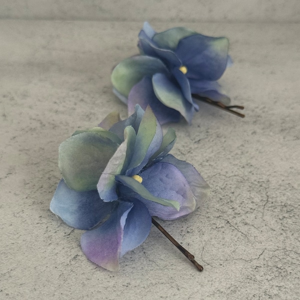 Blue hydrangea fabric flowers hair pins