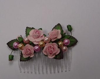 Romantic hair comb made with glass pearls and paper roses available In pink, red or cerise