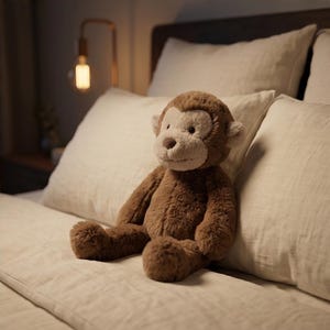 May include: A plush brown monkey with a light tan face and ears sits on a bed with white pillows and a white comforter. The monkey has a soft, furry texture and is positioned in a seated pose. A warm-toned lamp is visible in the background.