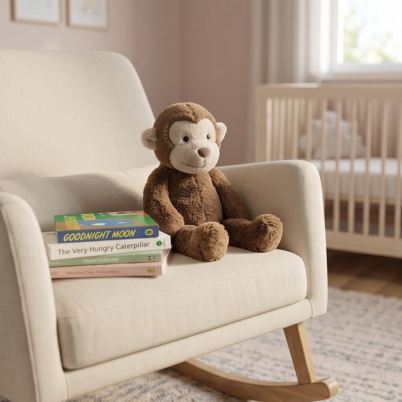 May include: A plush brown monkey toy sits on a cream-colored rocking chair. Beside the monkey are three children's books, including "Goodnight Moon" and "The Very Hungry Caterpillar". The nursery setting includes a crib and a patterned rug.