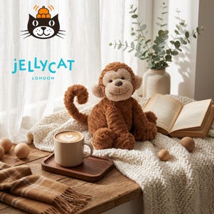 May include: A brown plush monkey toy with a smiling face sits on a cream-colored knitted blanket. A mug of coffee with latte art rests on a wooden tray. An open book and decorative wooden spheres are also present.