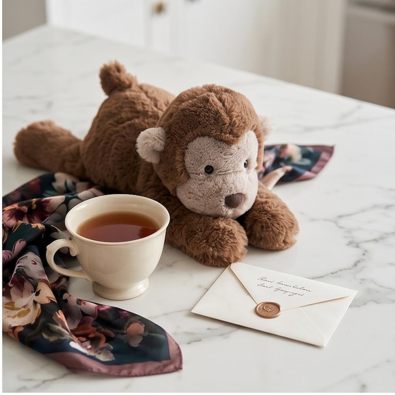 May include: A plush brown monkey toy with a light brown face and ears rests on a floral scarf. A cream-colored teacup filled with tea and a sealed envelope are nearby. The envelope has text.
