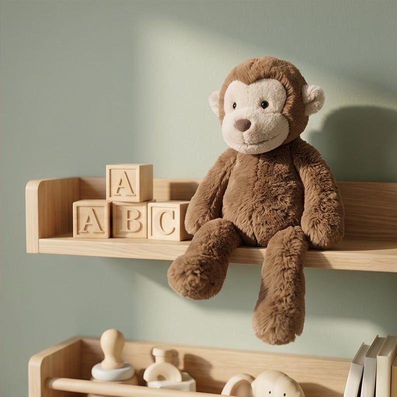 May include: A plush brown monkey with a cream-colored face and ears sits on a wooden shelf. Wooden alphabet blocks spell "ABC" next to the monkey. The monkey is a stuffed animal toy.