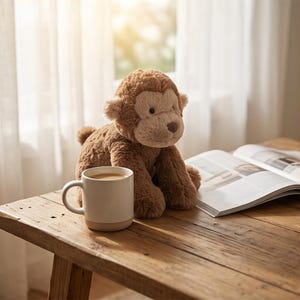 May include: A plush brown monkey sits on a wooden table next to a white mug filled with coffee and an open magazine. The monkey has a soft, textured appearance, with a light brown face and ears. The mug has a beige base.