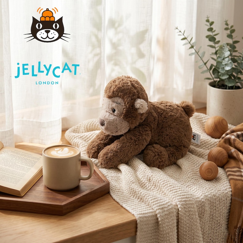 May include: A brown plush monkey toy with a light brown face and ears, lying on a cream-colored knitted blanket. A wooden tray holds a mug of coffee and an open book. The Jellycat logo is visible.