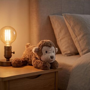 May include: A plush brown monkey toy with a light tan face and ears rests on a wooden nightstand. A vintage-style light bulb lamp sits to the left of the monkey. The background includes a bed with pillows.