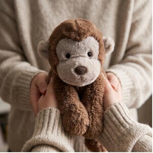 May include: A plush monkey toy with brown fur and a light tan face, ears, and hands. The stuffed animal has a brown nose and black eyes. The monkey is held by a person wearing a beige sweater.