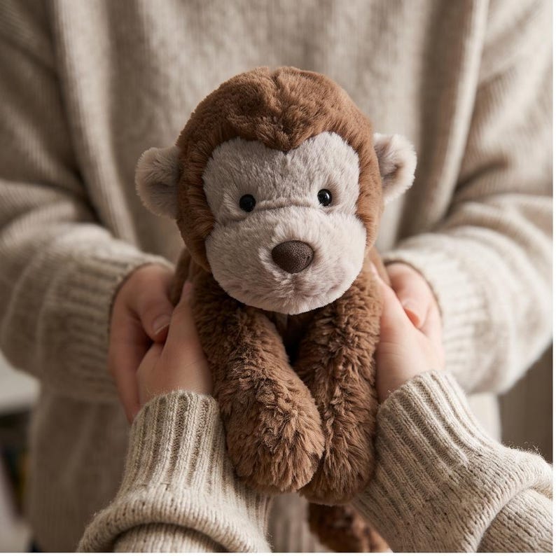 May include: A plush monkey toy with brown fur and a light tan face, ears, and hands. The stuffed animal has a brown nose and black eyes. The monkey is held by a person wearing a beige sweater.