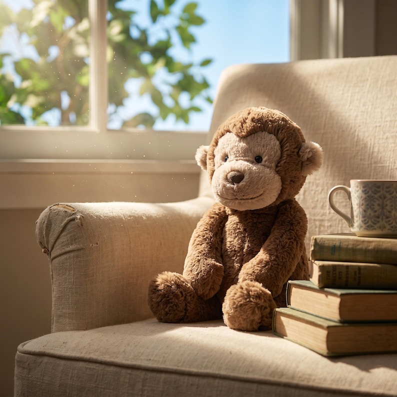 May include: A plush brown monkey toy with a light brown face and ears sits on a beige armchair. A stack of old books and a patterned mug are next to the monkey. The scene is lit by sunlight from a nearby window.