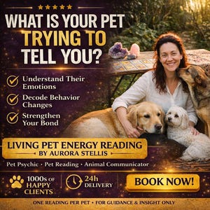 May include: An advertisement for a pet psychic service. The text reads "What is your pet trying to tell you?" and lists benefits like understanding emotions and strengthening bonds. A woman is pictured with three dogs. The ad includes a "Book Now!" button.
