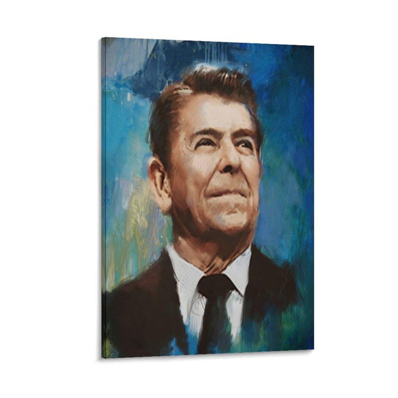 May include: A portrait painting of Ronald Reagan featuring a man with brown hair wearing a white collared shirt and a black necktie. The background consists of expressive, blended brushstrokes in shades of deep blue, teal, and light yellow.