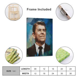 May include: A canvas print featuring a portrait of Ronald Reagan against a blue background, with the text Frame Included. The product includes a wooden frame, a metal hanging bracket, and a size chart listing dimensions in inches from 8x12 to 24x36.