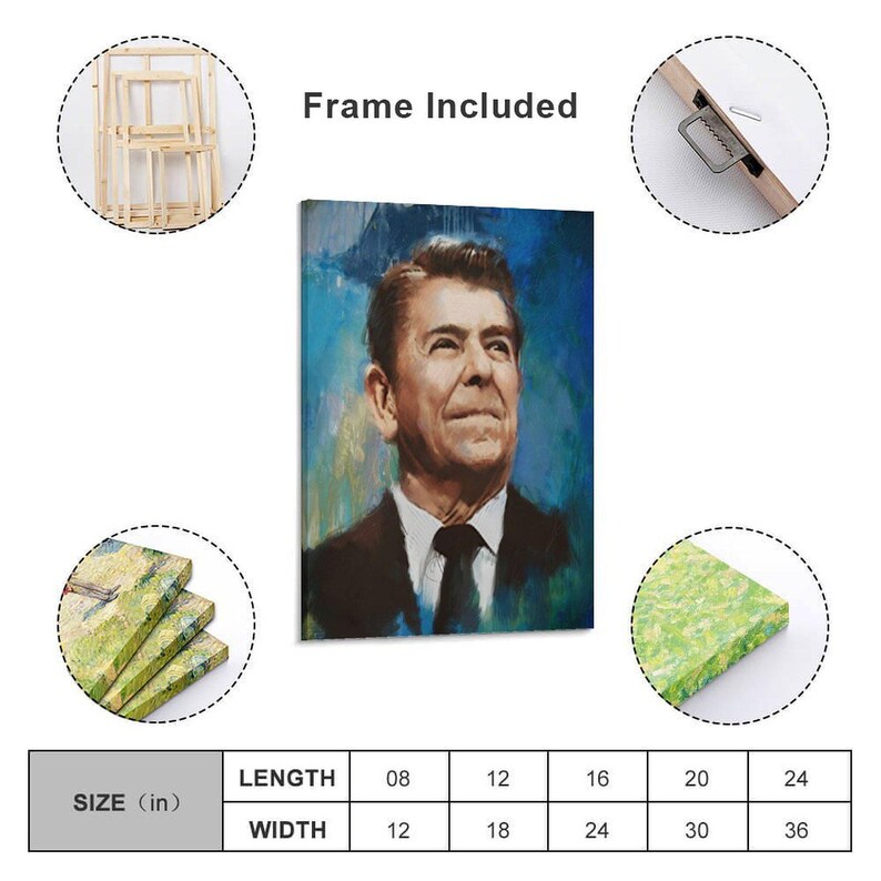 May include: A canvas print featuring a portrait of Ronald Reagan against a blue background, with the text Frame Included. The product includes a wooden frame, a metal hanging bracket, and a size chart listing dimensions in inches from 8x12 to 24x36.