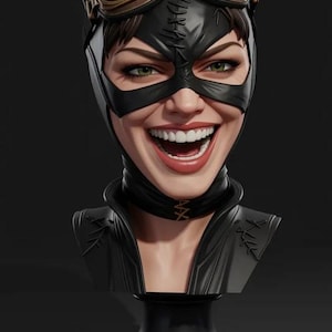 May include: A bust of Catwoman, with a black mask, goggles, and cat ears. The figure has green eyes and a wide smile. The bust is on a black pedestal. The mask has a stitched design.