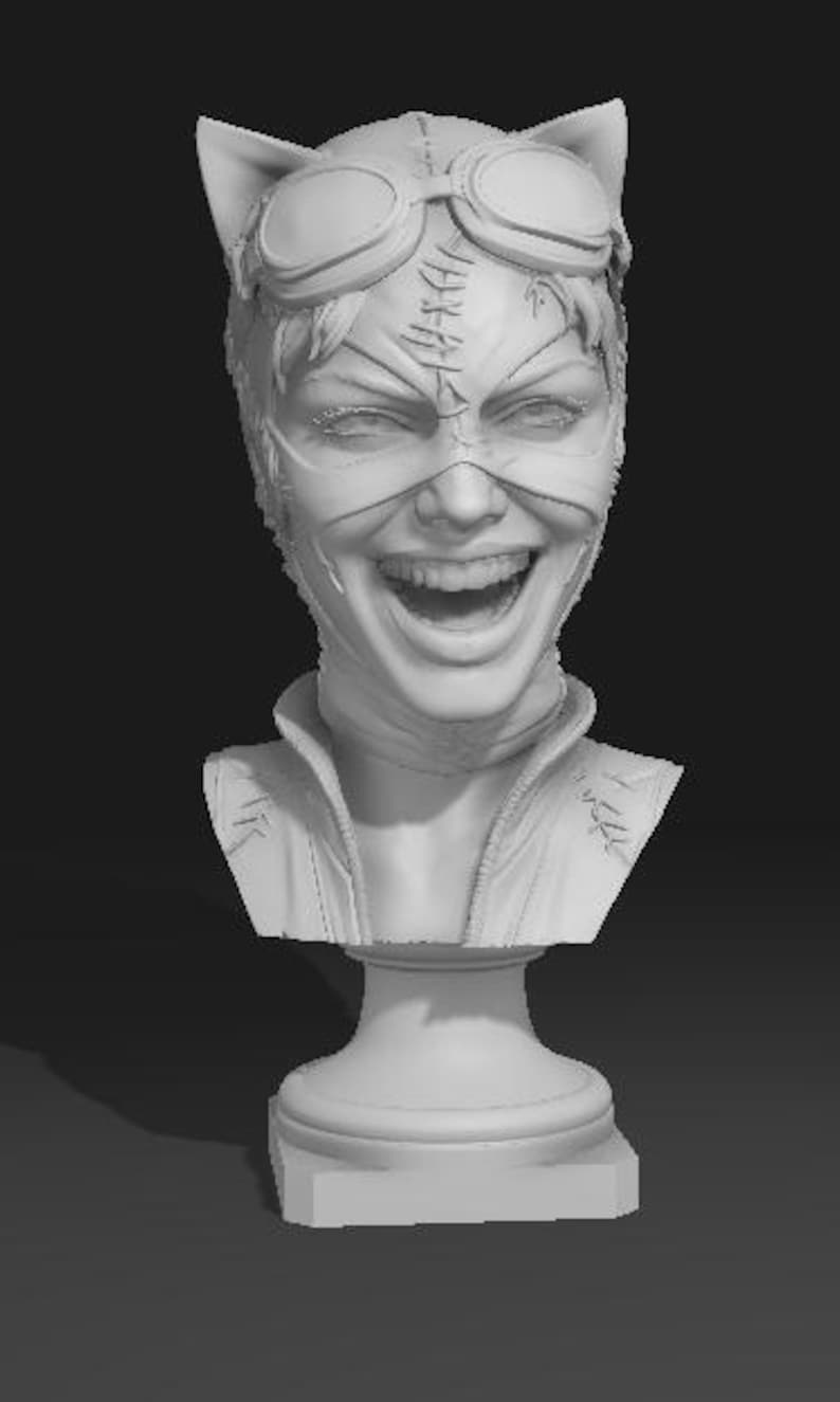 May include: A monochrome bust of a character wearing a cat-eared mask with goggles, a stitched face, and a jacket. The bust is mounted on a pedestal. The character is smiling widely, revealing teeth.
