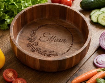 Custom Engraved Wooden Salad Bowl, Personalized Name Wood Serving Bowl, Hand‑Carved Fruit Bowl, Custom Kitchen Gift