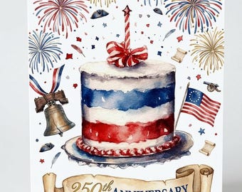 Watercolor Patriotic Cake Card, 250th Anniversary Celebration, USA 1776-2026 Greeting