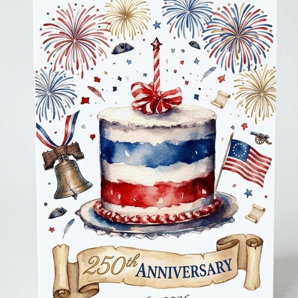 Watercolor Patriotic Cake Card, 250th Anniversary Celebration, USA 1776-2026 Greeting