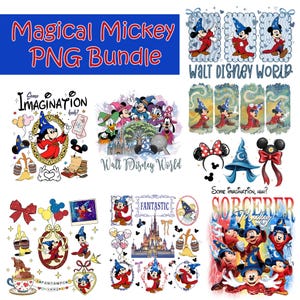 May include: A collection of colorful PNG graphics featuring Mickey Mouse in various poses and outfits. The images include Mickey in a sorcerer's hat, with the text "Magical Mickey PNG Bundle," "Walt Disney World," and "Fantastic."