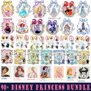 May include: A selection of digital art prints featuring Disney Princesses. The images showcase princesses in decorative frames with floral and bow details. The text "90+ Disney Princess Bundle" is displayed at the bottom.