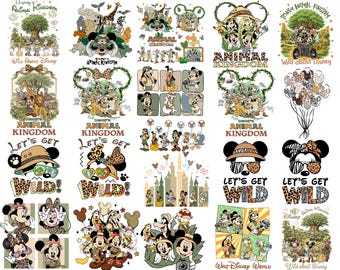 Puede incluir: Una colección de diseños gráficos con temática de Disney Animal Kingdom que muestran a Mickey Mouse, Minnie Mouse y amigos con ropa de safari. Las ilustraciones incluyen el Árbol de la Vida, estampados animales, binoculares y texto como Let's Get Wild.