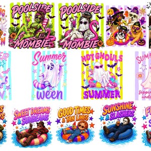 May include: A collection of graphic designs featuring horror movie characters and ghosts in summer settings. Text includes Just Waiting For Halloween, Poolside Mombie, Summerween, Hot Ghouls Summer, Lake Days & Slay Days, and Floating Through Summer.