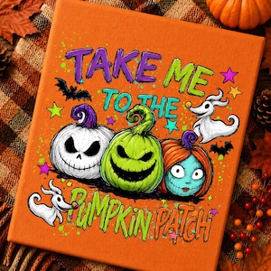 Llévame al huerto de calabazas PNG, sublimación de Pesadilla antes de Navidad, archivo digital retro de Jack y Sally con calabazas espeluznantes