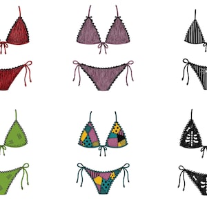 May include: Six sets of two-piece string bikinis in various designs. The collection includes solid red, purple, and green textured sets, a black and white striped set, a multi-colored patchwork set, and a black set with white ribcage graphics.