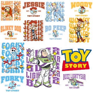 May include: A collection of Toy Story character graphics featuring Slinky Dog, Jessie, Bo Peep, Woody, Forky, and Buzz Lightyear. Each design includes the character name, the text Toy Story, and various space-themed icons like rockets and planets.