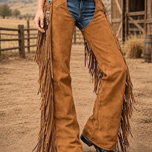 Handgjorda cowgirlchaps i äkta mocka | Western Fringe Rodeo-chaps för kvinnor
