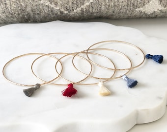 bracelet, gold tassel bangle, thin gold bangle, gold filled hammered bangle, gold bangle with tassel