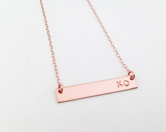 rose gold filled bar with customized initial(s), name, letters, numbers, date stamped engraved on 14k rose gold filled chain