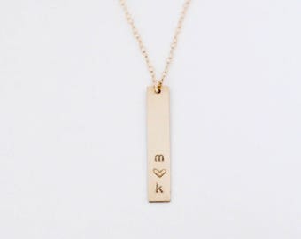 necklace // 14k gold filled vertical bar with customized initial(s), name, letters, numbers, date stamped engraved on 14k gold filled chain