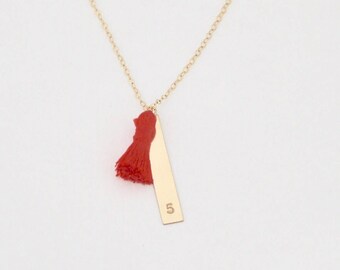 necklace // 14k gold filled vertical bar and tiny tassel with customized initial(s), name, letters, numbers, date stamped engraved on 14k go