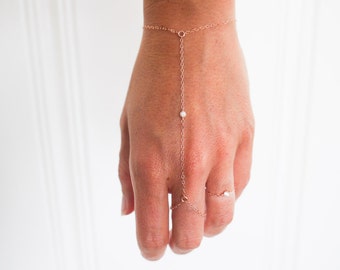 slave bracelet - hand chain // delicate 14k rose gold filled chain with tiny cubic zirconia cz diamond ring bracelet