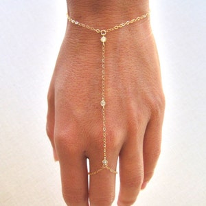 slave bracelet hand chain // 14k rose gold filled and 3 tiny cz cubic zirconia diamonds ring chain bracelet image 3