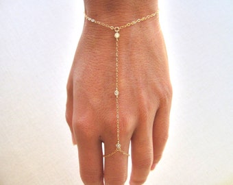 hand chain, slave bracelet, gold filled bracelet, ring chain bracelet with 3 tiny cz cubic zirconia diamonds,